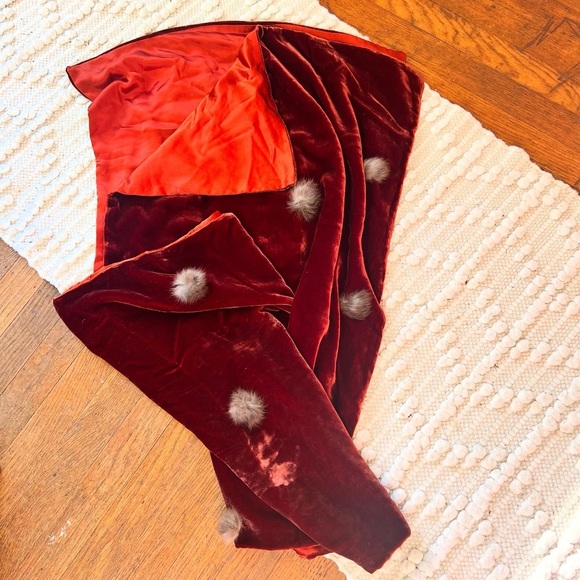 RUST SILK VELVET & SATIN 1950’s 50s Vintage Retro Vintage Rabbit Fur Shawl Wrap - Picture 13 of 16